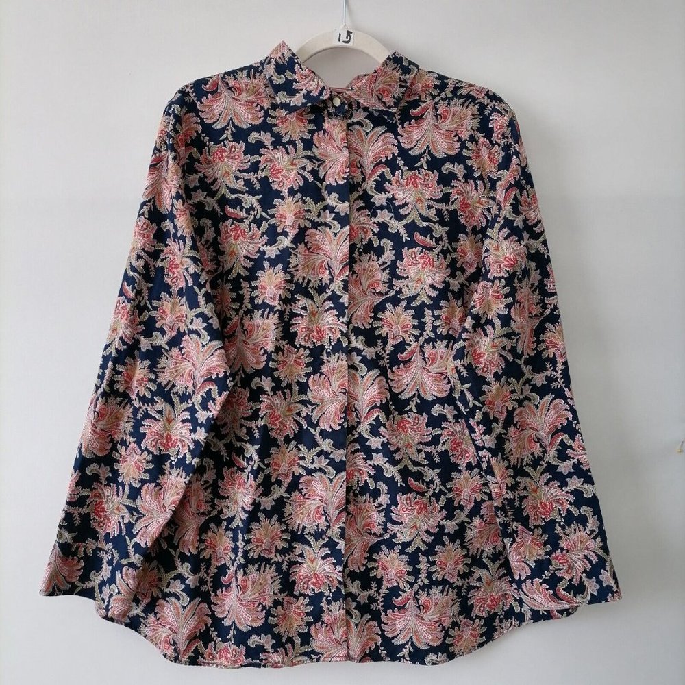 CHAPS Non Iron Womens Navy Paisley Button Up Long Sleeve Shirt Plus Size 1X